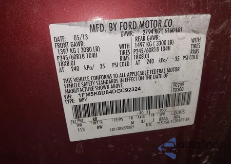 2013 Ford Explorer Xlt из США, поврежденный, VIN 1FM5K8D84DGC92324